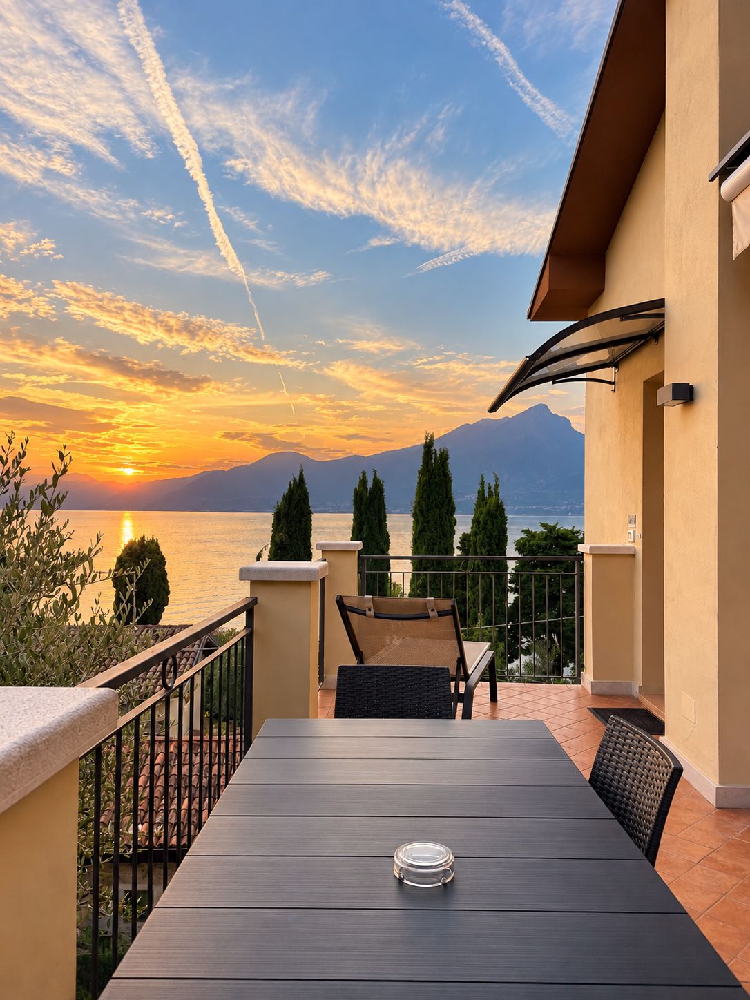 A balcony with a table and chairs, overlooking a body of water and mountains during sunset.