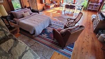 Smart TV, fireplace, DVD player, books