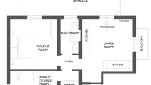 Grundriss einer 1. Etage mit Terrasse, Doppelzimmer, Einzel-/Doppelzimmer, Kleiderschrank, Badezimmer, Küche, Wohnzimmer, Schlafsofa und Balkon.