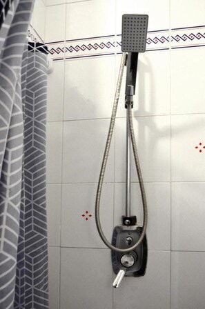 Shower, hair dryer, bidet, towels