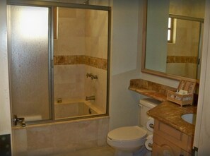 Hair dryer, towels, soap, shampoo