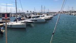 Un port de plaisance où de nombreux bateaux sont amarrés dans des eaux calmes.