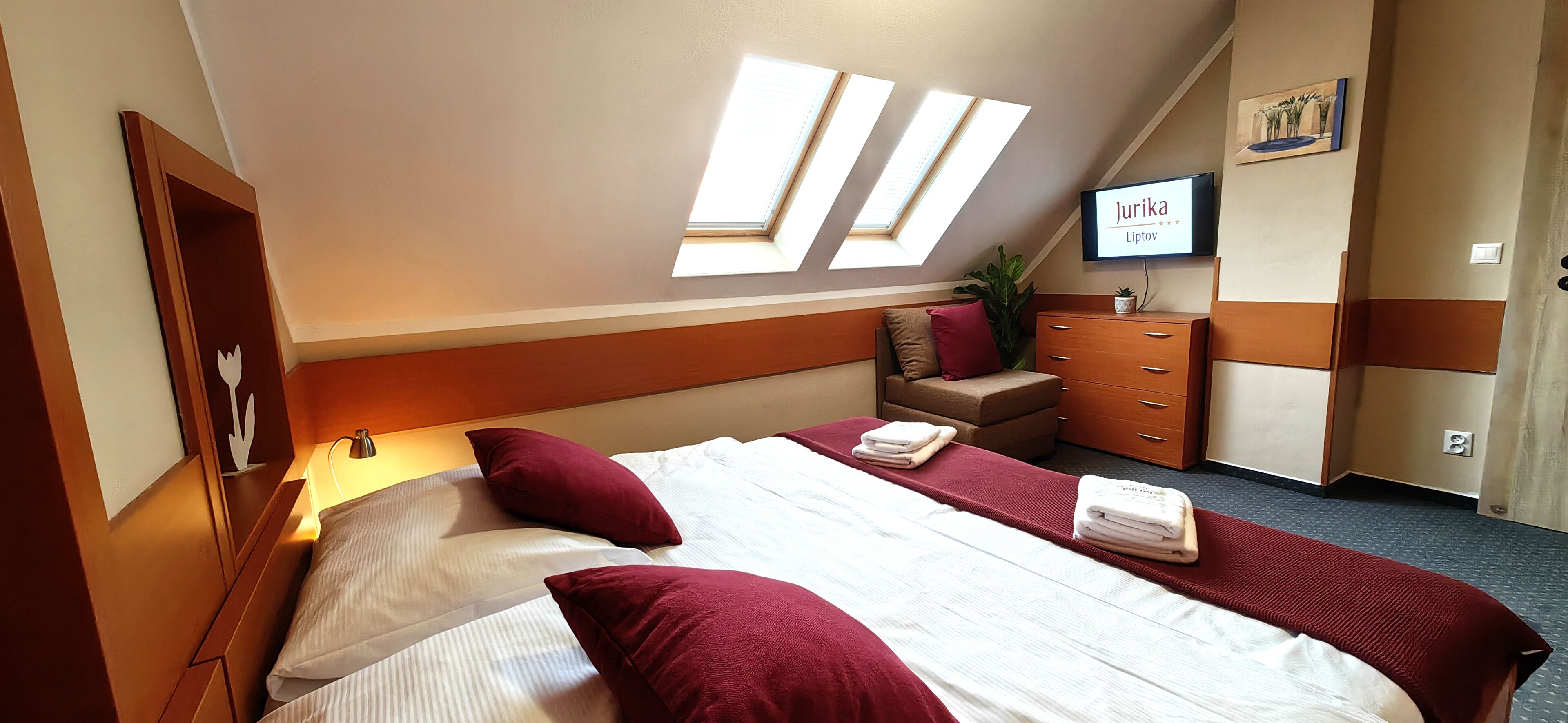 A hotel room with a bed, a TV, a desk, and a window with skylights.