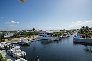 A marina with boats docked, a white building, and palm trees.