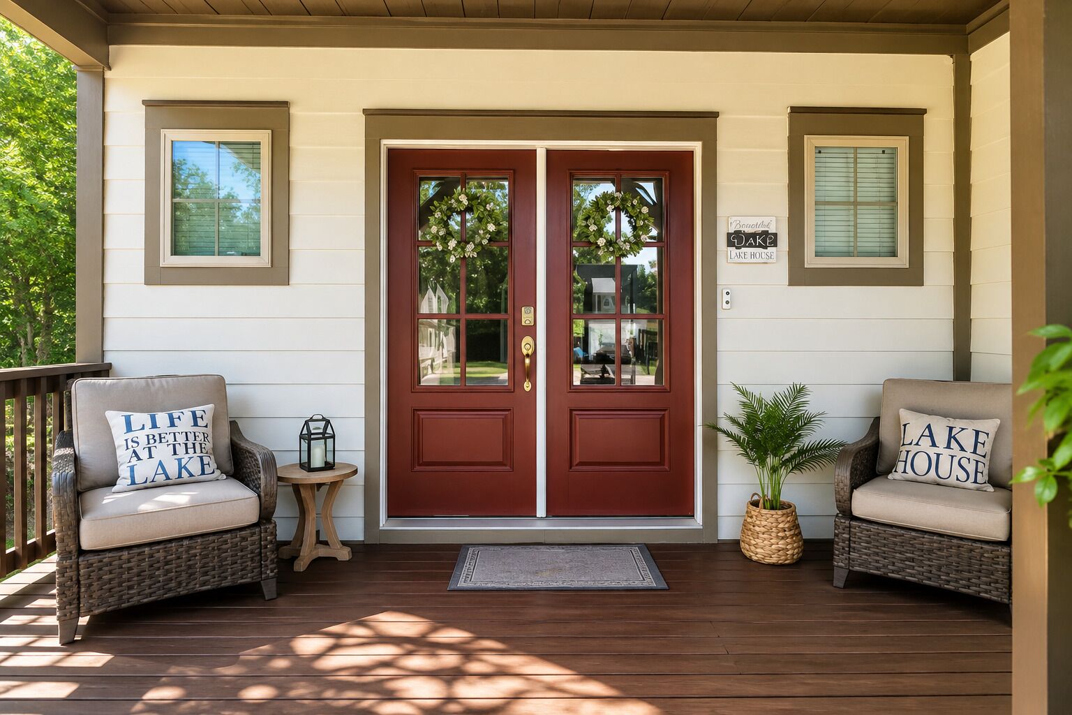 A two-door entrance with a porch, two wicker chairs with cushions, a small table with a lantern, and a potted plant.