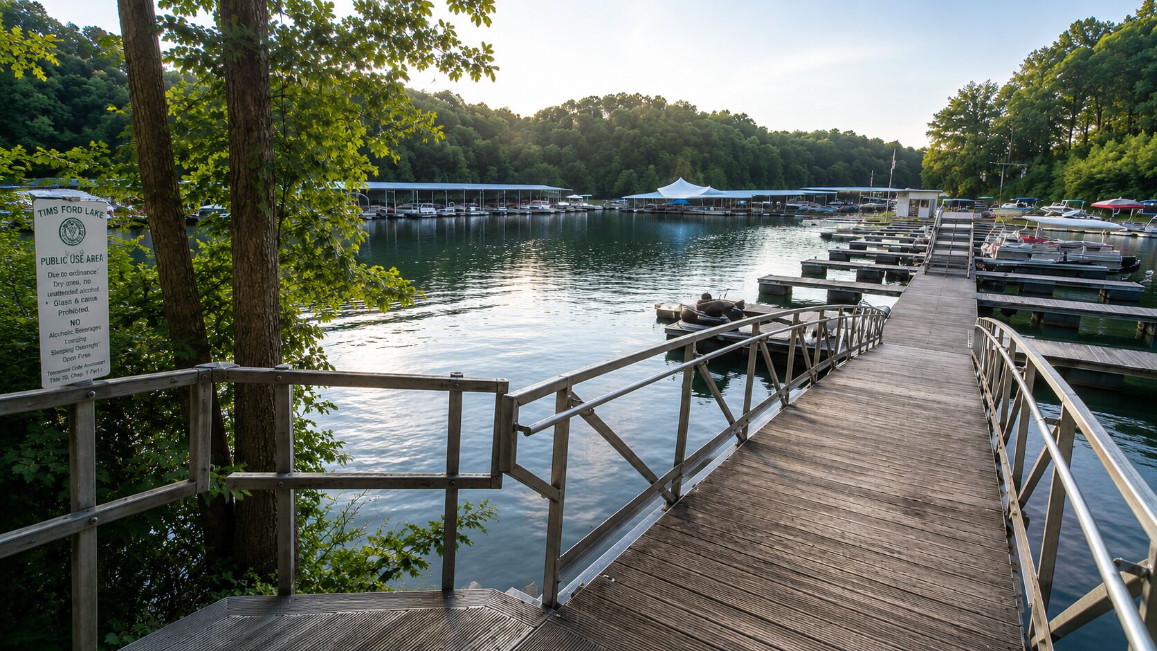 Une jetée en bois menant à une marina où sont amarrés des bateaux, le tout étant entouré d’arbres et surplombé par un ciel dégagé.