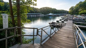 A wooden dock leading to a marina with boats, surrounded by trees and a clear sky.