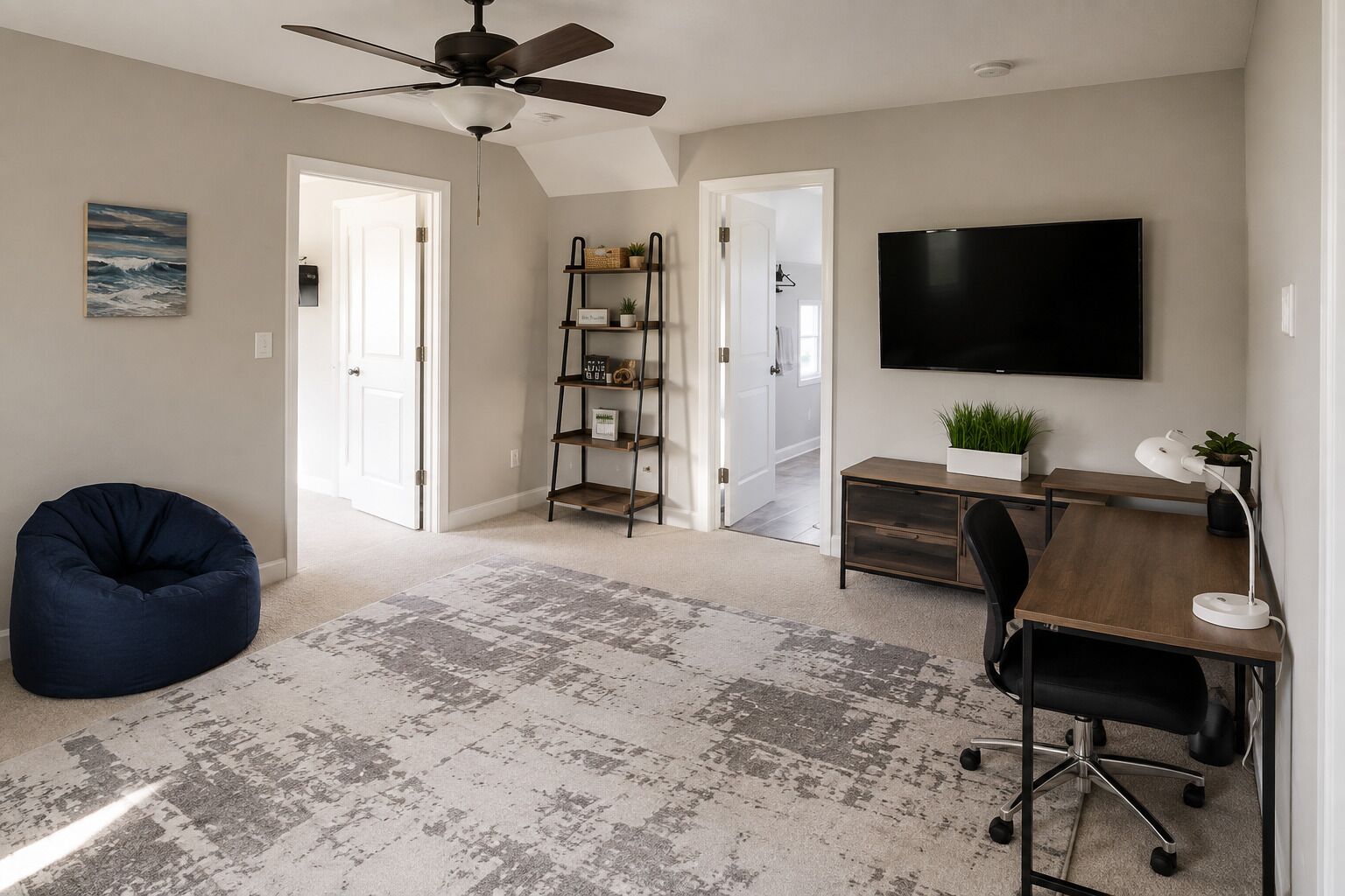 A room with a ceiling fan, a flat-screen TV, a desk with a chair, a bean bag, and a bookshelf.