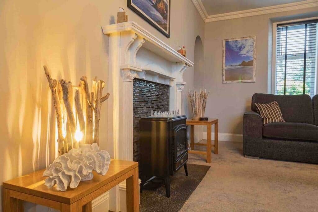 Smart TV, fireplace, DVD player, books