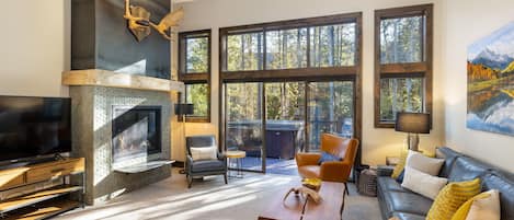 Smart TV, fireplace, books