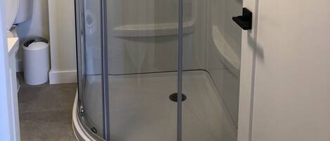 A glass-enclosed shower stall with a door, a toilet, and a trash can in a bathroom.