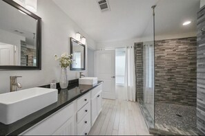 Shower, towels, soap, shampoo