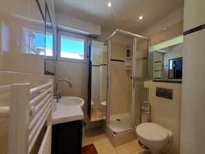 Shower, hair dryer, towels