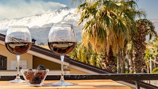 Two wine glasses on a balcony with a mountain and palm trees in the background. - Villa TreA - Loft Alba (Mascali)