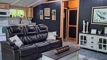 Smart TV, fireplace, books