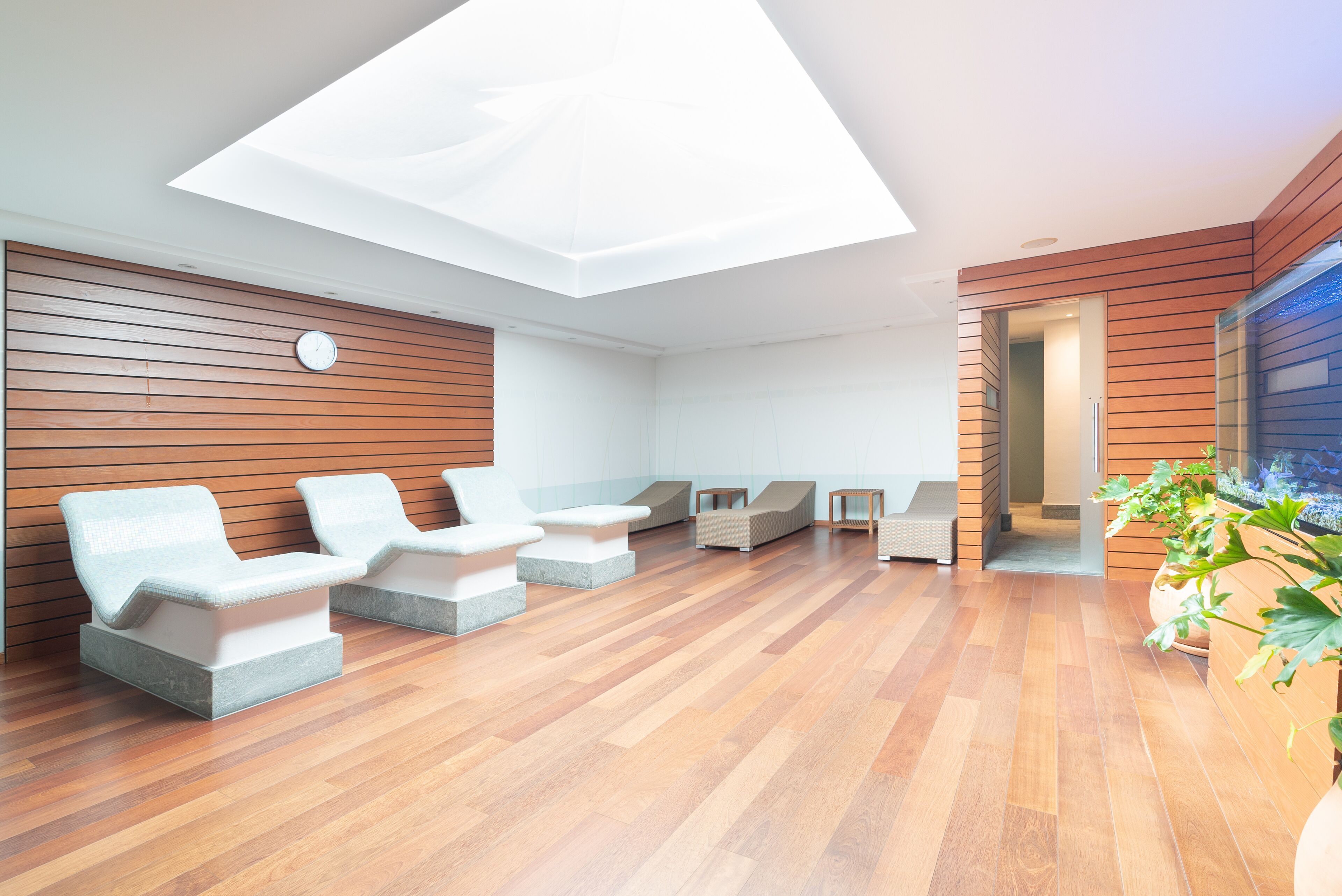 A modern interior with wooden panel walls, a skylight, and a reception area with plants.