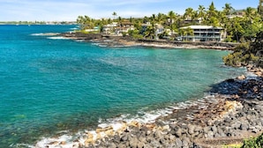 Un hotel frente al mar con costa rocosa, aguas turquesas cristalinas y palmeras.