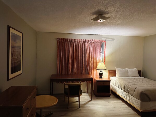 Una habitación de hotel con cama, escritorio, silla, mesita de noche y lámpara.