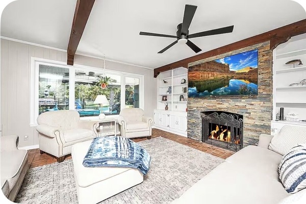 Smart TV, fireplace, books