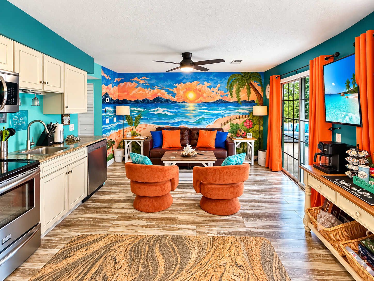 A kitchen with a microwave, stove, and sink.