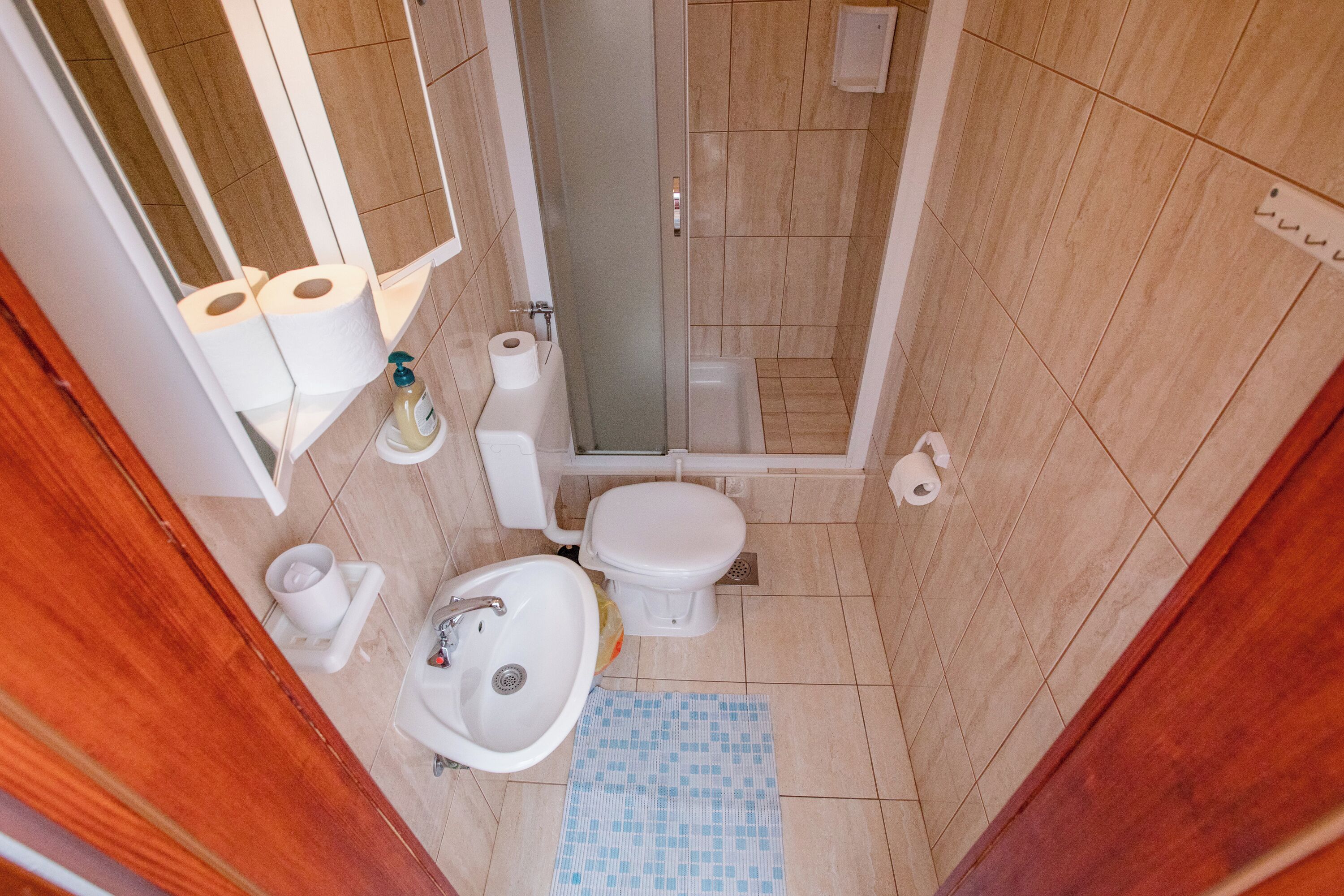 A small bathroom with a toilet, sink, and shower.