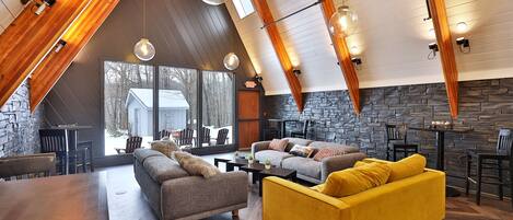 TV, fireplace, video library