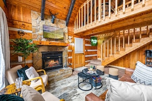 Smart TV, fireplace, books