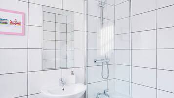 Hair dryer, towels, soap