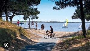 Un sentier côtier, avec des vélos, des piétons et des voiliers sur l’eau.