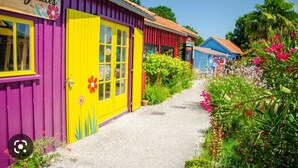 Un bâtiment aux couleurs vives, avec une porte jaune et une enseigne sur laquelle on peut lire « Aiguilles ».