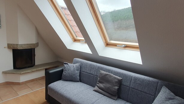 A modern living room with a grey sofa, a fireplace, and skylights.