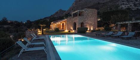 Outdoor pool, pool umbrellas, pool loungers