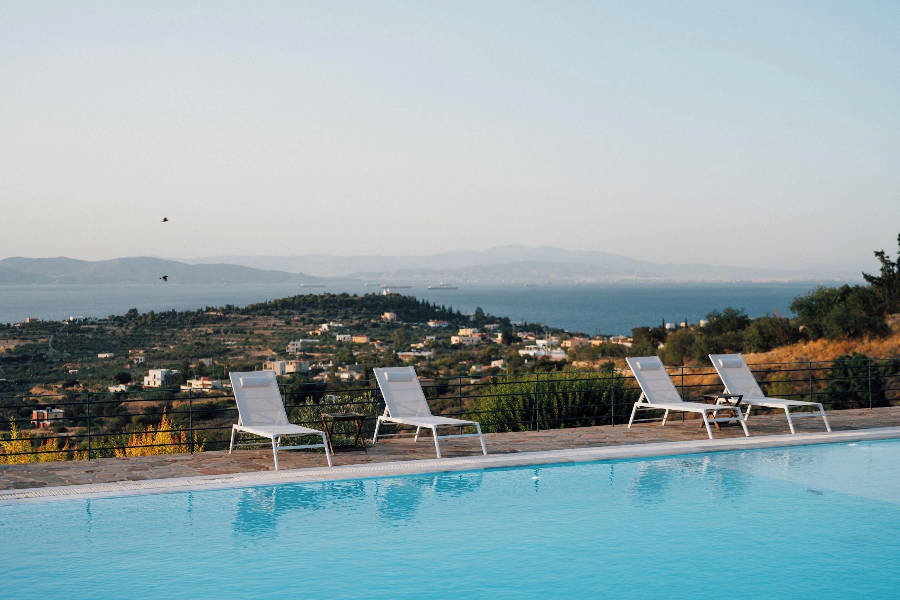 Outdoor pool, pool umbrellas, pool loungers