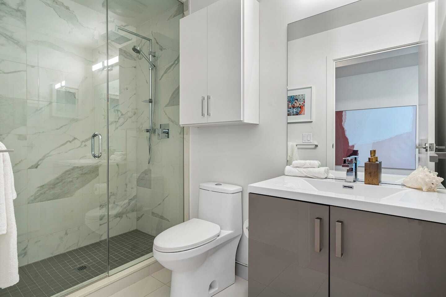 A modern bathroom with a glass-enclosed shower, a toilet, and a vanity with a mirror.