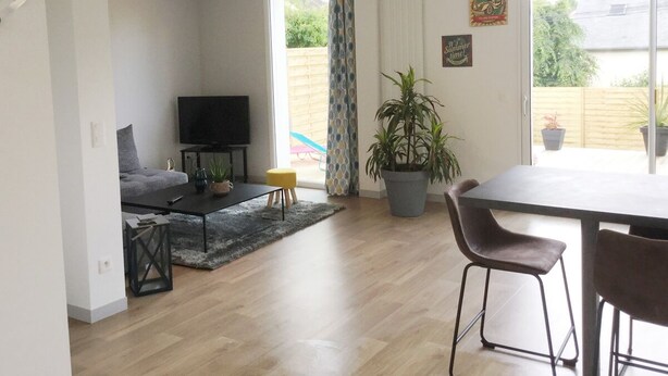 A modern living room with a sofa, coffee table, and TV, a dining area with chairs, and a large potted plant.