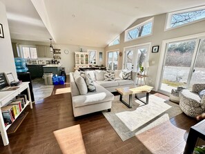 Smart TV, fireplace, books, streaming services