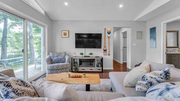 Una Smart TV, una chimenea, libros, servicios de streaming