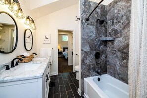 Shower, hair dryer, shampoo