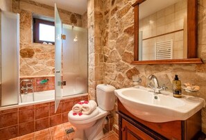 Hair dryer, towels, soap, toilet paper