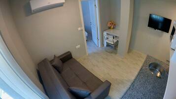 A compact living space with a sofa, a small table with a flower vase, a TV mounted on the wall, and a kitchen area with a sink and a metal bowl.