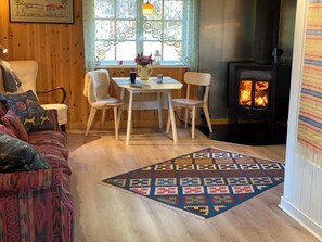 Smart TV, fireplace, books