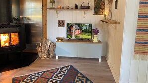 A cozy living room with a wood-burning stove, a television, and a decorative shelf with various items.
