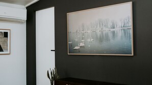 A framed photograph of swans on a lake with trees in the background, mounted on a dark wall.