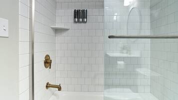 Hair dryer, towels, soap, shampoo