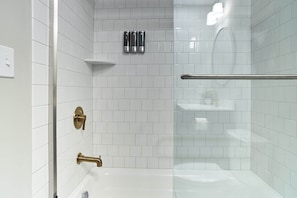 Hair dryer, towels, soap, shampoo