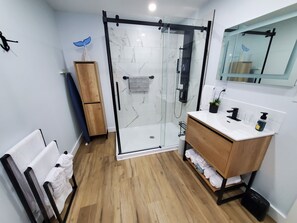 Shower, hair dryer, towels, soap