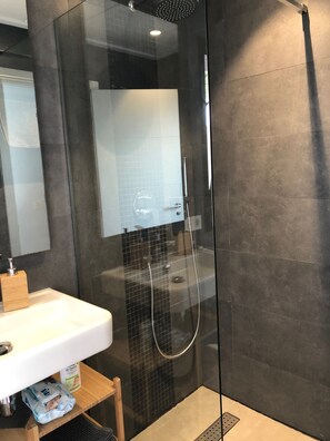 Shower, hair dryer, towels, soap