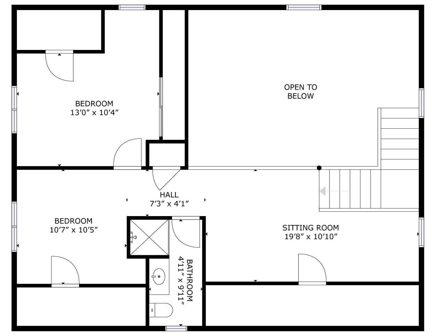 A floor plan with two bedrooms, a bathroom, a sitting room, and a hall.