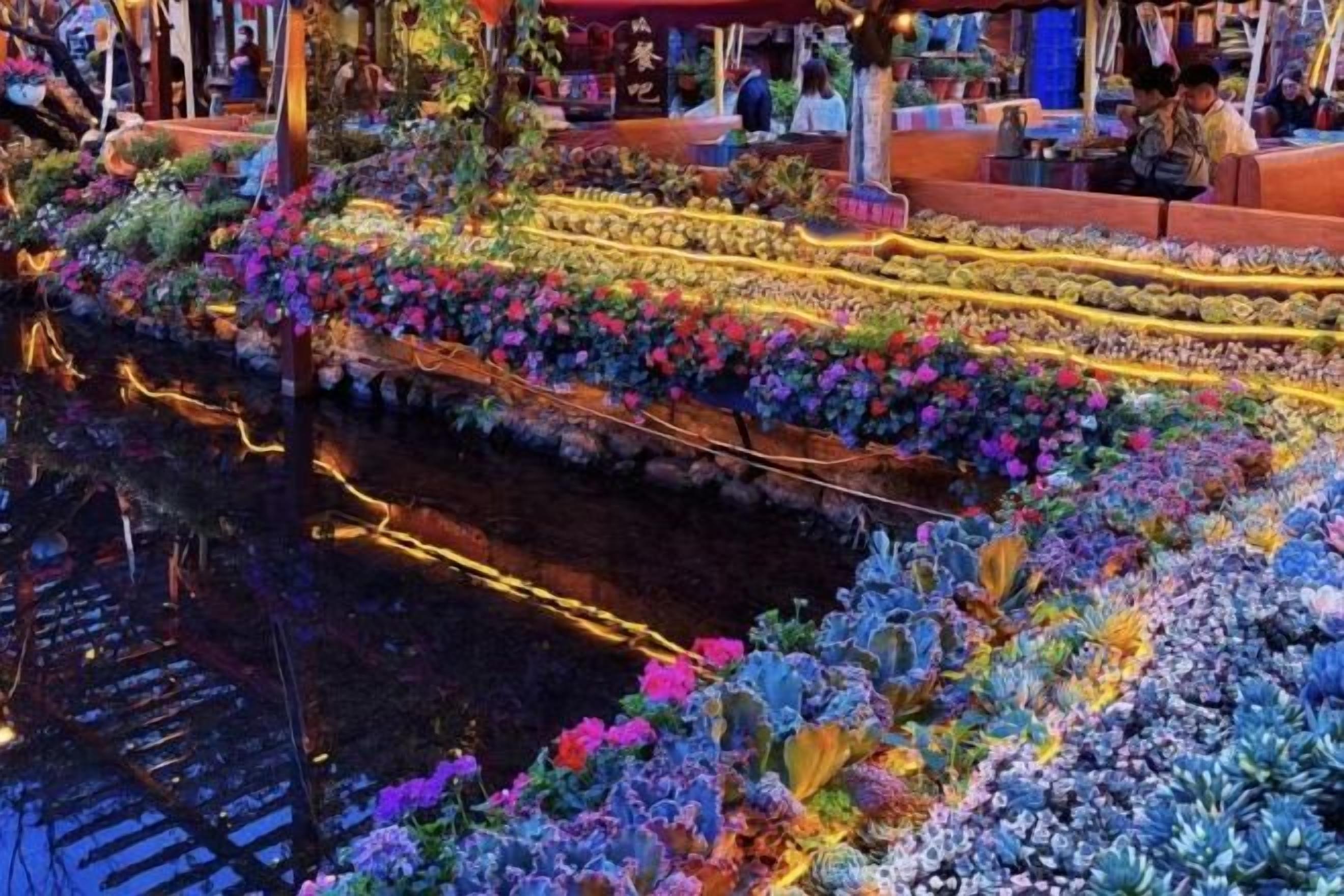 A multi-level garden with various plants and flowers, a pathway, and a seating area.