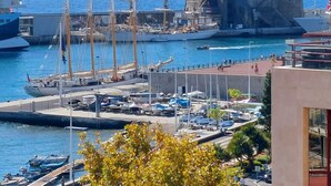 A marina with several sailboats docked, a large ship, and a building with a flag. - Apartamento Vista Pontinha (Funchal)